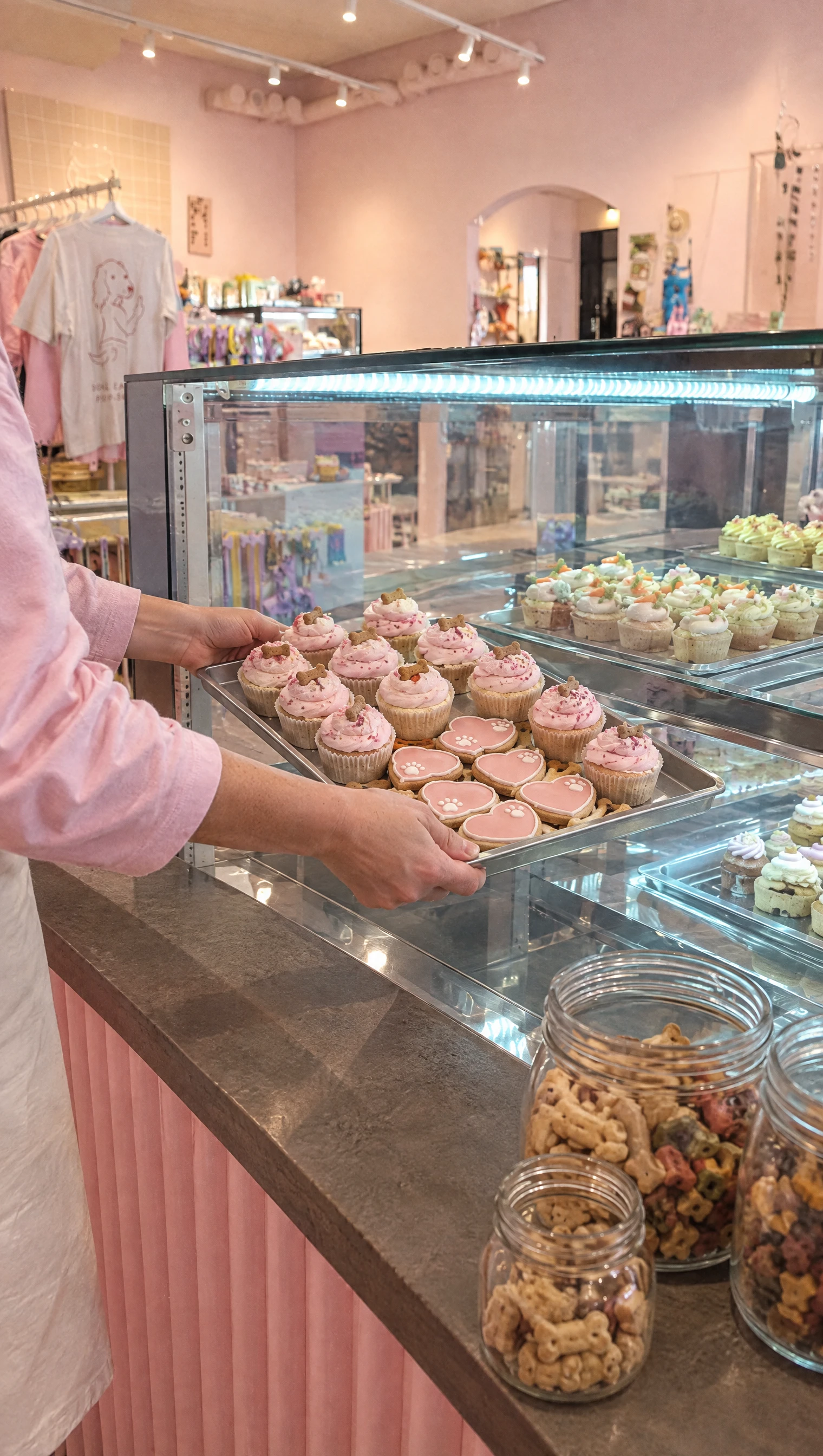 Nybakade pupcakes läggs in i glasdisken