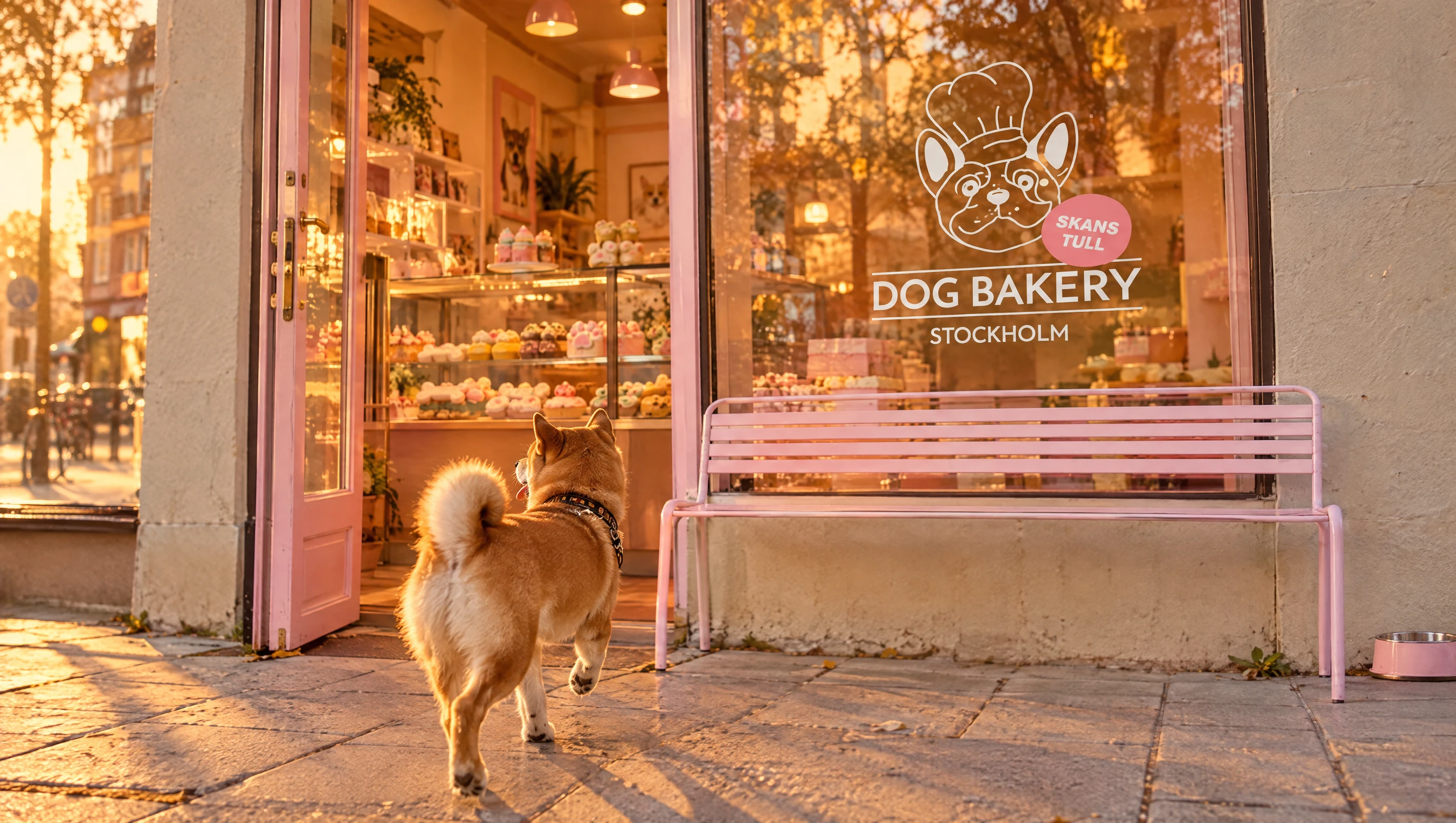 Dog Bakerys butik på Ringvägen 89 i kvällsljus