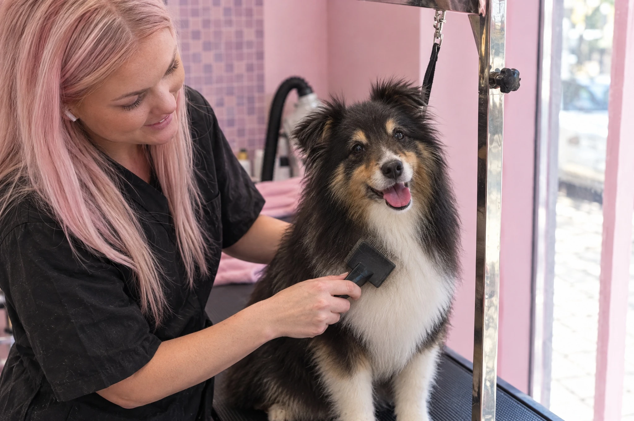 Linda borstar en sheltie på trimbordet