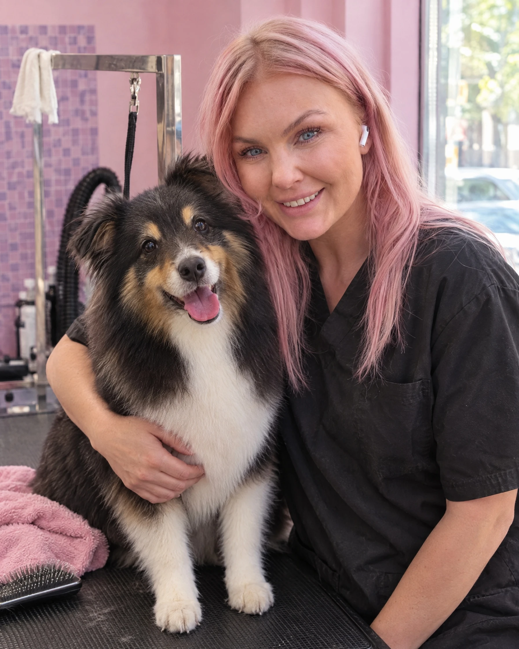 Hundfrisören Linda med en nyklippt sheltie på trimbordet i Dog Bakerys hundspa