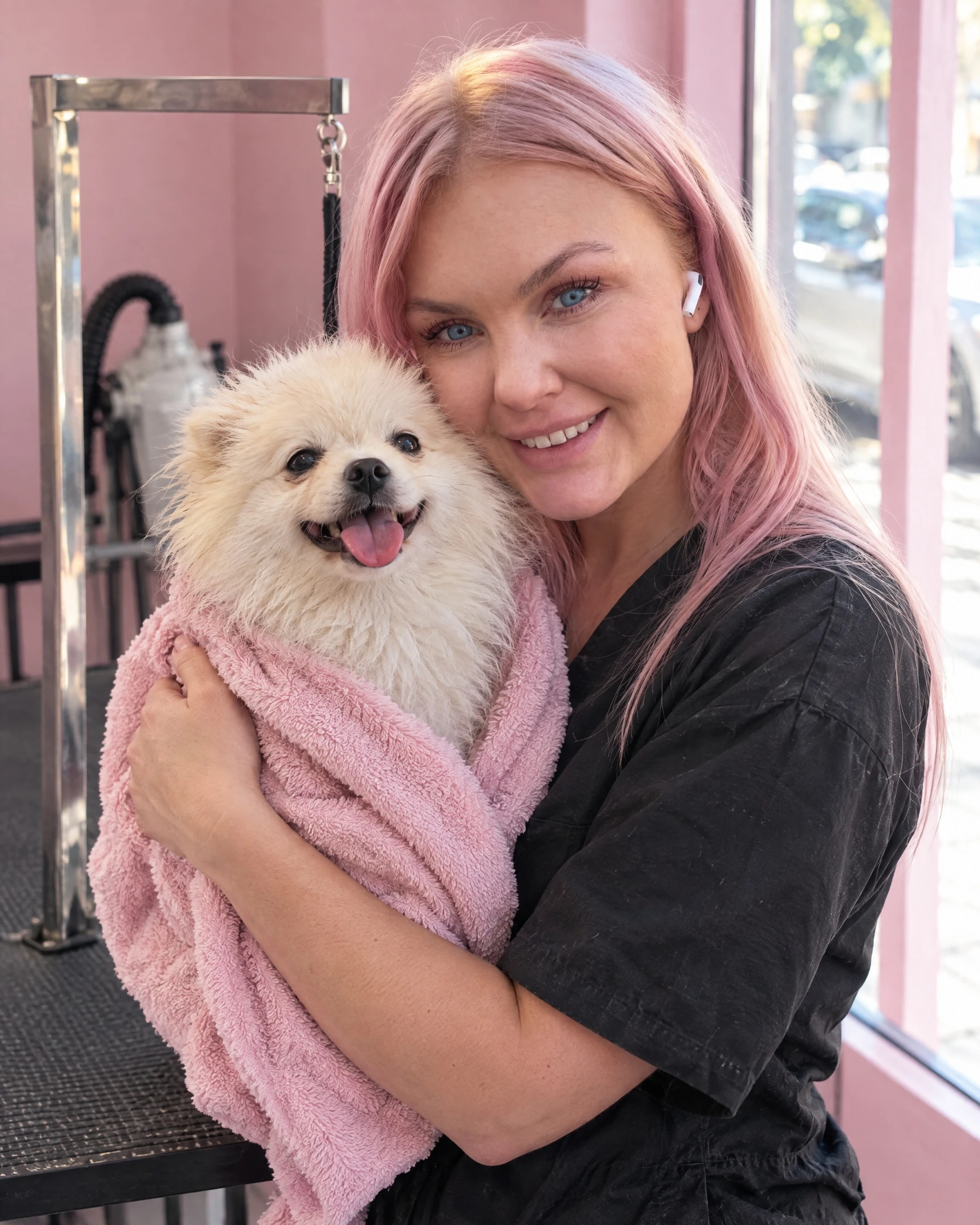 Linda håller en nybadad pomeranian inlindad i en rosa handduk
